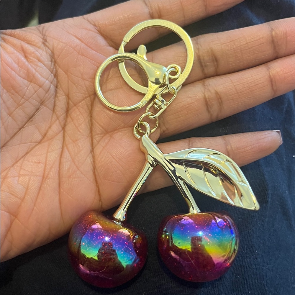 Red iridescent Cherry Keychain with Gold Accents